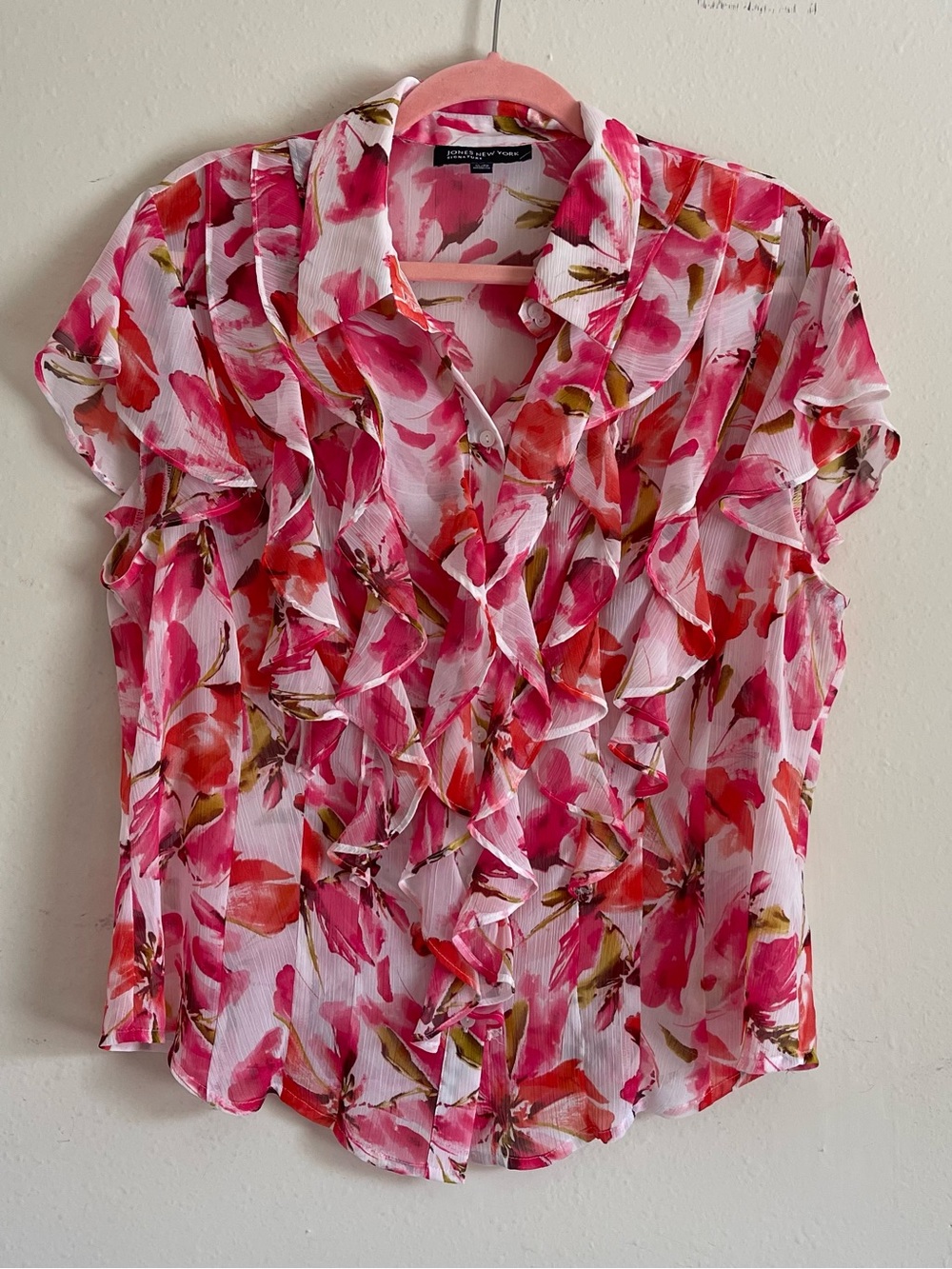 Jones New York Pink and Red Floral Ruffle Blouse